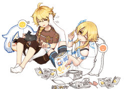 Rule 34 | 1boy, 1girl, aether (genshin impact), blonde hair, braid, braided ponytail, brother and sister, contemporary, flower, foot on another&#039;s face, genshin impact, hair flower, hair ornament, handheld game console, highres, lumine (genshin impact), paimon (genshin impact), pillow, playstation vita, siblings, snack, teasing, thighhighs, tongue, tongue out, twins, z.s.w.