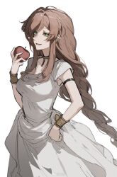 Rule 34 | 1girl, apple, artist name, braid, breasts, brown hair, chinese commentary, cowboy shot, dress, fingernails, flamme (sousou no frieren), food, fruit, green eyes, hair between eyes, hand on own hip, highres, holding, holding food, holding fruit, long hair, looking at viewer, medium breasts, open mouth, sidelocks, simple background, sleeveless, smile, snowcake47, solo, sousou no frieren, standing, white background, white dress