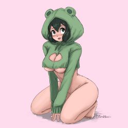 Rule 34 | 1girl, animal hood, asui tsuyu, bent over, boku no hero academia, bottomless, dismaiden, frog girl, frog hood, green eyes, green hair, highres, hood, hoodie, long hair, looking at viewer, pink background, smile, solo, thick thighs, thighs, tongue, tongue out