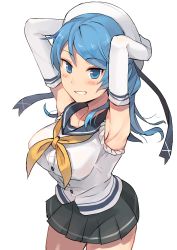 Rule 34 | 10s, 1girl, absurdres, blue eyes, blue hair, blush, breasts, elbow gloves, female focus, gloves, hat, highres, kantai collection, large breasts, long hair, looking at viewer, matching hair/eyes, pleated skirt, sailor hat, scarf, school uniform, senbei (senbe i), serafuku, skirt, sleeves rolled up, smile, solo, urakaze (kancolle), white gloves, white hat