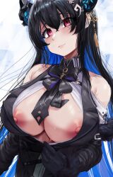 Rule 34 | 1girl, ascot, bare shoulders, black ascot, black gloves, black hair, blue hair, breasts, closed mouth, colored inner hair, demon horns, gloves, hair ornament, highres, hololive, hololive english, horns, large breasts, long hair, mole, mole under eye, multicolored hair, nerissa ravencroft, nerissa ravencroft (1st costume), nipples, open clothes, open shirt, red eyes, silver queen (silverqueen0), solo, tassel, tassel hair ornament, two-tone hair, upper body, very long hair, virtual youtuber