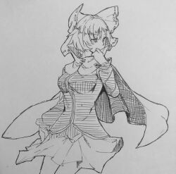 Rule 34 | 1girl, bow, breasts, cape, cloak, commentary, greyscale, hair bow, highres, kanaria (bocmn), long sleeves, medium breasts, monochrome, one-hour drawing challenge, sekibanki, shirt, short hair, simple background, sketch, skirt, solo, touhou, traditional media