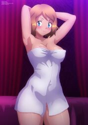 Rule 34 | 1girl, absurdres, arms up, bed, blue eyes, blush, breasts, brown hair, cleavage, collarbone, creatures (company), curtains, game freak, highres, large breasts, looking at viewer, naked towel, nintendo, nude, pokemon, pokemon (anime), pokemon xy (anime), serena (pokemon), short hair, smile, standing, towel, zel-sama