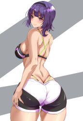 Rule 34 | 1girl, absurdres, ass, back, black bra, black hairband, blush, bra, breasts, butt crack, closed mouth, commentary request, cowboy shot, from behind, hairband, highres, looking at viewer, looking back, medium breasts, moroheiya (moroheiya-works), original, purple hair, red eyes, short hair, short shorts, shorts, smile, solo, sports bra, standing, thigh gap, underwear