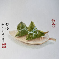 Rule 34 | chinese text, food, food focus, highres, no humans, original, pinghu qiuyue, plate, still life, wooden plate, zongzi