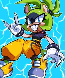 1girl \m/ animal_ears black_shirt blood blood_from_mouth blue_background blue_eyes claws electricity furry furry_female gloves green_fur green_hair grin highres looking_at_viewer pants pontiikii ponytail sharp_teeth shirt shoes smile sneakers solo sonic_(series) sonic_the_hedgehog_(idw) surge_the_tenrec tail teeth white_gloves yellow_pants