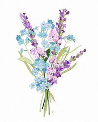 Rule 34 | blue flower, bouquet, commentary, english commentary, flower, forget-me-not (flower), highres, leaf, libbyframe, no humans, original, plant, purple flower, signature, simple background, still life, white background