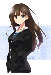 Rule 34 | 10s, 1girl, bad id, bad pixiv id, blazer, blue eyes, brown hair, collarbone, cowboy shot, cropped legs, earrings, hands in pockets, highres, idolmaster, idolmaster cinderella girls, jacket, jewelry, long hair, long sleeves, necklace, necktie, paopao, pendant, shibuya rin, simple background, smile, standing, white background
