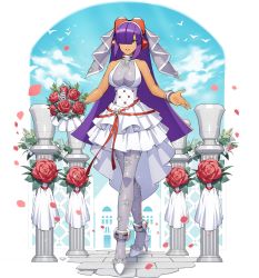 Rule 34 | 1girl, android, bare shoulders, bouquet, breasts, bridal veil, dark-skinned female, dark skin, dress, flower, full body, hair ornament, hair over one eye, high heels, highres, holding, joints, layer (mega man), layered skirt, lips, long hair, looking at viewer, medium breasts, mega man (series), mega man x (series), mega man x dive, mizuno keisuke, mole, mole under eye, non-web source, official art, pantyhose, parted lips, purple hair, robot joints, skirt, sleeveless, sleeveless dress, smile, solo, standing, transparent background, veil, wedding dress, white dress, white footwear