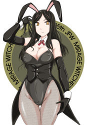 Rule 34 | 1girl, 505th joint fighter wing (emblem), animal ears, arm up, black gloves, black hair, black leotard, black pantyhose, breasts, cleavage, coattails, collar, commentary, constantia cantacuzino, covered erect nipples, cowboy shot, detached collar, elbow gloves, english text, fake animal ears, fishnet pantyhose, fishnets, gloves, gluteal fold, groin, hand in own hair, hand on own thigh, highres, large breasts, leotard, long hair, looking at viewer, neck ribbon, orange eyes, pantyhose, parted lips, playboy bunny, rabbit ears, ribbon, solo, standing, strapless, strapless leotard, swept bangs, thigh gap, thighs, underbust, wan&#039;yan aguda, white collar, white ribbon, wing collar, world witches series, wrist cuffs
