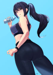 Rule 34 | 1girl, absurdres, ass, bare shoulders, blue background, blush, breasts, brown eyes, from behind, highres, kagematsuri, large breasts, leggings, long hair, looking at viewer, open mouth, pants, ponytail, purple hair, shiny clothes, shiny skin, sideboob, simple background, skin tight, smile, solo, sports bra