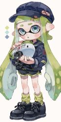 Rule 34 | 1girl, :o, absurdres, autobomb (splatoon), black footwear, black shorts, blue eyes, blue hat, commentary request, cross-laced footwear, full body, green hair, green socks, green trim, hat, highres, holding, holding weapon, inkling, inkling girl, inkling player character, long hair, myon rio, nintendo, open mouth, pointy ears, sailor collar, sailor shirt, shirt, shoes, short shorts, shorts, simple background, socks, solo, splatoon (series), splatoon 2, standing, tentacle hair, thick eyebrows, weapon, white background