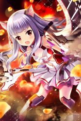 Rule 34 | 1girl, absurdres, alternative girls, animal ears, cat ears, cat tail, dress, fang, fighting stance, full moon, gloves, highres, hiiragi tsumugi, holding, holding weapon, long hair, looking at viewer, moon, official art, open mouth, red eyes, red moon, silver hair, solo, tail, weapon, white dress, white gloves