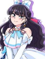 Rule 34 | 1girl, ascot, black hair, blue eyes, blush, bow, cosplay, cure prism, cure prism (cosplay), delicious party precure, dress, earrings, elbow gloves, glove bow, gloves, hirogaru sky! precure, jewelry, kasai amane, long hair, looking at viewer, magical girl, precure, smile, solo, upper body, white ascot, white background, white dress, white gloves, wing hair ornament, yui u86
