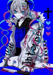 Rule 34 | 1girl, alternate costume, bandaid, bandaid on leg, black shirt, blood, blood on clothes, blood on hands, bloody knife, blue background, blue bow, blue eyes, blue hair, blue nails, bow, broken, broken weapon, chouzetsusaikawa tenshi-chan, closed mouth, cross, expressionless, fur collar, grey hair, grey jacket, hair between eyes, hair bow, hair ornament, heart, heart hair ornament, highres, jacket, knife, long hair, long sleeves, looking to the side, multicolored hair, multicolored nails, nail polish, needy girl overdose, open clothes, open jacket, pale skin, pink bow, pink hair, pink nails, pixel art, purple bow, quad tails, shirt, sitting, solo, t-shirt, twintails, twitter username, very long hair, weapon, xdoxa89, yellow nails