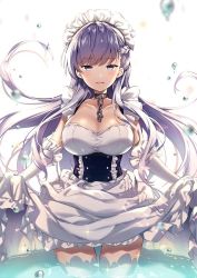 Rule 34 | 1girl, apron, azur lane, belfast (azur lane), blue eyes, blush, braid, breasts, chain, cleavage, clothes lift, collar, collarbone, dress, dress lift, floating hair, french braid, frilled gloves, frills, gloves, hair between eyes, large breasts, light particles, long hair, looking at viewer, maid, maid headdress, open mouth, riichu, sidelocks, silver hair, smile, solo, sparkle, sprkla, standing, standing in water, thighs, very long hair, wading, water drop, white gloves, white legwear