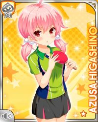 Rule 34 | 1girl, :o, ball, card (medium), character name, collar, collarbone, girlfriend (kari), green shirt, grey skirt, higashino azusa, holding, holding paddle, looking at viewer, official art, open mouth, paddle, pants, pink eyes, pink hair, qp:flapper, shirt, skirt, solo, standing, table tennis ball, table tennis paddle, tagme, twintails, v-shaped eyebrows, yellow background