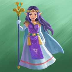 Rule 34 | 1girl, cape, dress, earrings, elbow gloves, gloves, highres, jewelry, long hair, nintendo, official art, pointy ears, princess hilda, purple hair, red eyes, solo, staff, the legend of zelda, the legend of zelda: a link between worlds