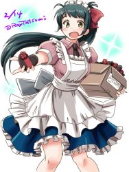 Rule 34 | 1girl, adapted costume, alternate costume, apron, black necktie, blue skirt, box, chocolate, commentary request, dated, enmaided, feet out of frame, frilled apron, frilled skirt, frills, green hair, hair ribbon, heart, irako (kancolle), kantai collection, long hair, maid, multicolored background, necktie, one-hour drawing challenge, open mouth, pink skirt, ponytail, puffy short sleeves, puffy sleeves, red ribbon, ribbon, short ponytail, short sleeves, skirt, solo, standing, tatsumi ray, translation request, twitter username, white apron