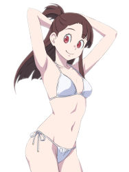 Rule 34 | 1girl, armpits, arms behind head, arms up, asymmetrical bangs, bikini, blunt bangs, breasts, brown hair, cleavage, closed mouth, collarbone, cowboy shot, floating hair, groin, halterneck, kagari atsuko, little witch academia, long hair, looking at viewer, navel, ponytail, red eyes, satochi, side-tie bikini bottom, simple background, small breasts, smile, solo, standing, swimsuit, white background, white bikini