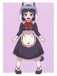 Rule 34 | 1girl, alternate costume, an-chan (ananna0315), animal ears, apron, black dress, black footwear, blush, bow, bowtie, brown eyes, collar, commentary, common raccoon (kemono friends), dress, enmaided, fangs, frilled apron, frilled collar, frilled cuffs, frilled dress, frills, full body, grey hair, high collar, highres, japari symbol, kemono friends, kemono friends 3, long sleeves, looking at viewer, maid, maid headdress, multicolored hair, official alternate costume, open mouth, pantyhose, raccoon ears, raccoon girl, raccoon tail, red bow, red bowtie, short hair, sleeve cuffs, solo, symbol-only commentary, tail, white apron, white hair, white pantyhose