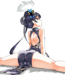 Rule 34 | 1girl, ass, back cutout, bare back, black dress, black hair, blue archive, breasts, butterfly hair ornament, cameltoe, china dress, chinese clothes, clothing cutout, commentary request, double bun, dragon print, dress, ears, from behind, grey eyes, hair bun, hair ornament, halo, highres, joimanz0127, kisaki (blue archive), kneepits, long hair, looking at viewer, looking back, print dress, shoulder blades, simple background, small breasts, solo, split, spread legs, thighs, twintails, white background