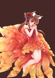 Rule 34 | 1girl, absurdres, animal ears, apple, bare legs, barefoot, black background, brown hair, c (pixiv3064042), dress, floating, floating hair, flower, food, fruit, hair flower, hair ornament, highres, holding, holding food, holding fruit, holo, kanzashi, legs, long hair, red dress, red eyes, simple background, solo, spice and wolf, strap slip, wolf ears