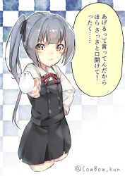 Rule 34 | 1girl, belt, brown eyes, checkered background, commentary request, cowboy shot, dress, food, grey hair, hair ribbon, hand on own hip, highres, kantai collection, kasumi (kancolle), kasumi kai ni (kancolle), koubou (cowbow kun), long hair, long sleeves, looking at viewer, neck ribbon, one-hour drawing challenge, pinafore dress, popsicle, ribbon, school swimsuit, shirt, side ponytail, sleeveless, sleeveless dress, solo, swimsuit, translated, white shirt