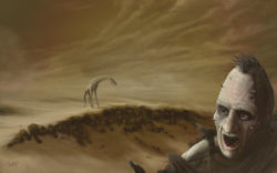 Rule 34 | 1boy, alien, animal, artist name, black eyes, black hair, brown theme, cloud, cloudy sky, commentary, day, desert, dust, dust cloud, eve online, krats, looking back, open mouth, original, outdoors, photoshop (medium), sand, sandstorm, science fiction, short hair, sky, spikes, teeth, torn clothes, upper body, wind