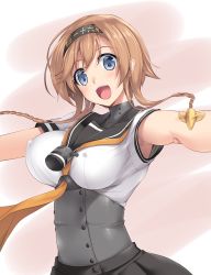 Rule 34 | 10s, 1girl, armpit peek, blue eyes, bow, breasts, brown hair, clothes writing, corset, covered erect nipples, female focus, gradient background, hair bow, kantai collection, large breasts, looking at viewer, nakano sora, neckerchief, open mouth, school uniform, serafuku, shirt, skirt, sleeveless, sleeveless shirt, smile, solo, teruzuki (kancolle), twintails