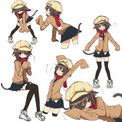 Rule 34 | 1girl, absurdres, animal ears, arms up, bent over, black thighhighs, blue eyes, blush, brown hair, cabbie hat, cardigan, cat ears, cat tail, cowboy shot, cropped legs, dorothy (pan koujou), dorothy (tadashi), dorothy (tadashi1013), full body, hat, highres, long sleeves, looking at viewer, lying, multiple views, on side, open mouth, original, pigeon-toed, pom pom (clothes), red scarf, scarf, school uniform, shoes, short hair, simple background, sitting, skirt, sleeves past wrists, sneakers, spread legs, standing, tadashi (tadashi1013), tail, thighhighs, white background, zettai ryouiki