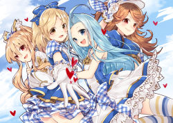 Rule 34 | 10s, 218, 4girls, ahoge, alternate costume, bare shoulders, blonde hair, blue eyes, blue hair, blush, bow, breasts, brown eyes, brown hair, djeeta (granblue fantasy), dress, fingerless gloves, gloves, granblue fantasy, hair bow, hair ribbon, hairband, hat, idol, kimi to boku no mirai, long hair, lyria (granblue fantasy), mary (granblue fantasy), multiple girls, open mouth, outstretched arm, outstretched hand, puffy short sleeves, puffy sleeves, red eyes, ribbon, short hair, short sleeves, skirt, smile, striped clothes, striped legwear, striped thighhighs, superstar (granblue fantasy), superstar ex (granblue fantasy), thighhighs, vira (granblue fantasy), white gloves
