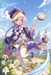 Rule 34 | 1girl, absurdres, ankle strap, bead necklace, beads, blue sky, braid, castle, child, chinese clothes, clear sky, cloud, coconut, coin hair ornament, commentary request, dot nose, dress, flower, frilled dress, frilled sleeves, frills, full body, genshin impact, hair ornament, hat, highres, jewelry, jiangshi, long sleeves, low ponytail, minamiichi minami, necklace, ofuda, open mouth, orb, outdoors, pink eyes, purple hair, qingdai guanmao, qiqi (genshin impact), ribbon, shadow, short shorts, shorts, sidelocks, sky, snowflakes, solo, standing, tassel, teeth, thighhighs, upper teeth only, vision (genshin impact), white thighhighs, wide sleeves, yen, yin yang, yin yang orb, zettai ryouiki