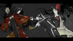 Rule 34 | 2girls, arrow (projectile), aymmogh, black background, black hair, black jacket, black pants, bow (weapon), closed mouth, collared shirt, holding, holding bow (weapon), holding weapon, jacket, katana, letterboxed, long hair, looking at another, mask, mask on head, multiple girls, necktie, ofuda, oni mask, original, pants, quiver, red necktie, sheath, shirt, sword, upper body, weapon, white shirt, yellow eyes