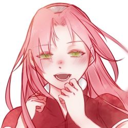 Rule 34 | 1girl, :d, eyelashes, floating hair, green eyes, haruno sakura, long hair, looking at viewer, naruto, naruto (series), open mouth, parted bangs, pink hair, portrait, short sleeves, simple background, smile, solo, white background