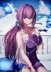 Rule 34 | 1girl, absurdres, breasts, cloud, cloudy sky, dress, fate/grand order, fate (series), fish, frown, furo (lotech), glasses, hair ornament, hair scrunchie, highres, ice, large breasts, mountain, outdoors, over-rim eyewear, purple dress, scathach (fate), scathach skadi (fate), scathach skadi (swimsuit ruler) (fate), scathach skadi (swimsuit ruler) (second ascension) (fate), scrunchie, see-through, see-through sleeves, semi-rimless eyewear, sky, solo, sweater, sweater dress