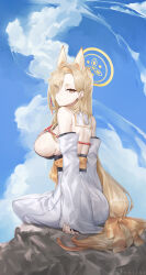 Rule 34 | 1girl, absurdres, animal ears, blonde hair, blue archive, blue sky, breasts, cloud, detached sleeves, fox ears, hair over one eye, hairband, halo, highres, japanese clothes, kaho (blue archive), kimono, large breasts, long hair, looking at viewer, rock, shalink, sideboob, sitting, sky, sleeveless, sleeveless kimono, solo, thick eyebrows, very long hair, white kimono, wide sleeves, yellow eyes, yellow hairband, yellow halo