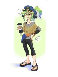 Rule 34 | &gt; o, 1boy, agent 3 (splatoon), black pants, blue hair, commentary, cup, english commentary, full body, green background, green hair, hat, headphones, highres, holding, holding cup, inkling, inkling boy, inkling player character, male focus, military hat, multicolored hair, nintendo, one eye closed, open mouth, pants, ponytail, sandals, seatha, short hair, simple background, solo, splatoon (series), splatoon 3, squidbeak splatoon, standing, tentacle hair, toes, torn clothes, torn pants, two-tone background, two-tone hair, white background, yawning