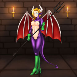 Rule 34 | 1girl, bat wings, bianca (dq5), blonde hair, blue eyes, bodysuit, boots, braid, breasts, dark persona, demon girl, demon tail, dragon quest, dragon quest v, gloves, green footwear, hair over shoulder, horns, kuroitsuki, large breasts, nipples, open bodysuit, open clothes, pointy ears, polearm, purple bodysuit, single braid, slit pupils, solo, tail, trident, weapon, wings
