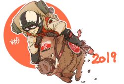 Rule 34 | 1other, 2019, artist name, backpack, bag, black pants, boar, brown gloves, can, chinese zodiac, drink can, full body, gloves, goggles, green hair, grin, helmet, jacket, knee pads, long sleeves, original, pants, red jacket, riding, riding boar, shima (landsuzume), shoes, short hair, smile, sneakers, soda can, solo, tusks, white background, white footwear, year of the pig