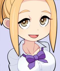 Rule 34 | 1girl, anna (watamote), blonde hair, bow, bowtie, breasts, bright pupils, brown eyes, buttons, collarbone, commentary request, grey background, hospital king, large breasts, looking at viewer, medium hair, open mouth, purple bow, purple bowtie, sidelocks, simple background, smile, solo, upper body, watashi ga motenai no wa dou kangaetemo omaera ga warui!, white pupils