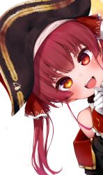 Rule 34 | 1girl, :d, absurdres, black hat, black jacket, blush, commentary request, gloves, hair ribbon, hat, highres, hololive, houshou marine, jacket, kohe billialot, long hair, off shoulder, open mouth, peeking out, pirate hat, red eyes, red hair, red ribbon, ribbon, simple background, smile, solo, teeth, twintails, upper teeth only, virtual youtuber, white background, white gloves, yellow eyes