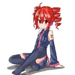 Rule 34 | 1girl, ahoge, black thighhighs, blush stickers, detached sleeves, drill hair, flat chest, kasane teto, looking at viewer, red eyes, red hair, rori (4chan), sitting, skirt, solo, tattoo, thighhighs, twin drills, utau, vocaloid