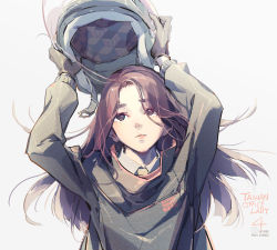 Rule 34 | 1girl, artist name, collared shirt, highres, long hair, necktie, office lady, office lady taiwan, original, pixiv id, purple hair, removing helmet, shirt, simple background, solo, tennohi, upper body, white background, white shirt, yellow necktie