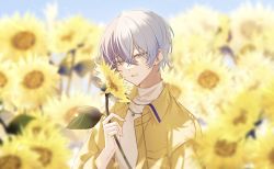 Rule 34 | 1boy, aoyagi touya, flower, grey eyes, grey hair, highres, holding, holding flower, jacket, jewelry, long sleeves, looking at viewer, male focus, necklace, open clothes, open jacket, project sekai, purple hair, short hair, slc yh, smile, sunflower, yellow jacket, yellow theme
