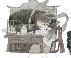 1girl architecture brown_hair chair chinese_clothes east_asian_architecture expressionless hair_bun hanfu highres huadian ma_fu original sketch solo table vase