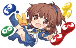 Rule 34 | 1girl, :d, arle nadja, blue footwear, blue shirt, blue skirt, blush, boots, brown eyes, brown hair, chibi, full body, highres, hizuki yayoi, long hair, looking at viewer, open mouth, outstretched arm, ponytail, puyopuyo, shirt, short sleeves, simple background, skirt, smile, solo, tank top, white background, white tank top