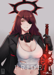 Rule 34 | 1girl, absurdres, bad id, bad pixiv id, black gloves, black jacket, blouse, breasts, brown hair, cleavage, dark halo, eyepatch, gloves, grey background, halo, highres, holding, holding sword, holding weapon, jacket, large breasts, long hair, midriff, milephunter, open clothes, open jacket, original, shirt, sideways glance, simple background, solo, sword, torn clothes, torn shirt, weapon, white shirt, yellow eyes