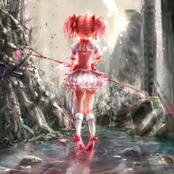 Rule 34 | 10s, 1girl, absurdres, back, bow, bow (weapon), broken, bubble skirt, building, choker, gem, gloves, hair ribbon, high heels, highres, holding, holding weapon, kaname madoka, kentarosu7, kneehighs, kntrs (knyrs), legs apart, lens flare, long hair, magical girl, mahou shoujo madoka magica, mahou shoujo madoka magica (anime), outdoors, pigeon-toed, pink footwear, pink hair, pink ribbon, puffy short sleeves, puffy sleeves, red bow, ribbon, ripples, rock, ruins, shield, shoes, short sleeves, skirt, sky, socks, solo, soul gem, sun, twintails, water, weapon, white gloves, white socks