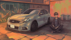 Rule 34 | 1boy, black hair, black jacket, black pants, car, commentary request, graffiti, grey shirt, highres, infiniti (company), infiniti v36, jacket, license plate, looking at viewer, male focus, momo hiki, motor vehicle, open clothes, open jacket, original, outdoors, pants, personification, shirt, shoes, short hair, sitting, sneakers, solo, trash can, vehicle focus, white footwear